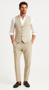 Five Button Besom pocket Men's Tan Chambray Slim Fit Suit Separates Vest