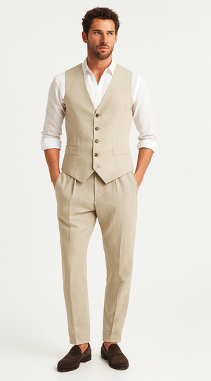 Five Button Besom pocket Men's Tan Chambray Slim Fit Suit Separates Vest