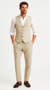 Five Button Besom pocket Men's Tan Chambray Slim Fit Suit Separates Vest