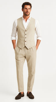 Five Button Besom pocket Men's Tan Chambray Slim Fit Suit Separates Vest