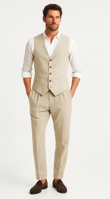 Five Button Besom pocket Men's Tan Chambray Slim Fit Suit Separates Vest