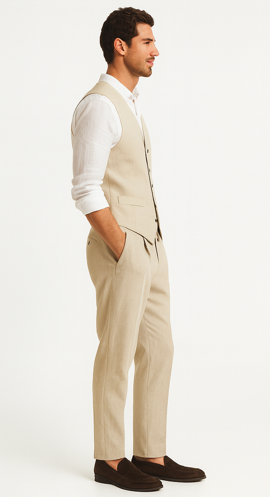 Five Button Besom pocket Men's Tan Chambray Slim Fit Suit Separates Vest - Image 3