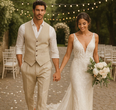 Five Button Besom pocket Men's Tan Chambray Slim Fit Suit Separates Vest - Image 8