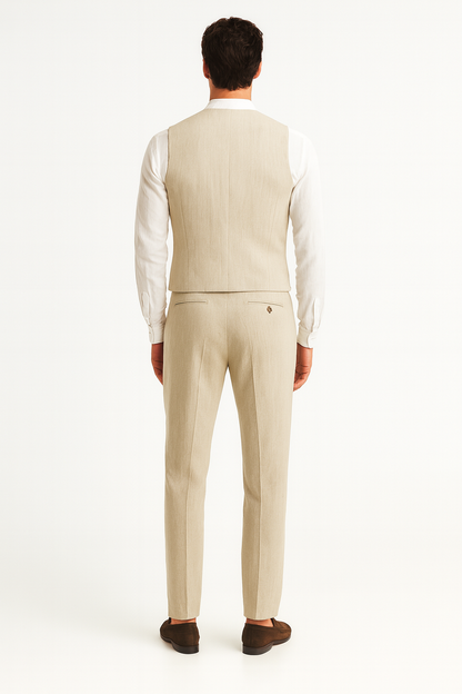 Five Button Besom pocket Men's Tan Chambray Slim Fit Suit Separates Vest - Image 2