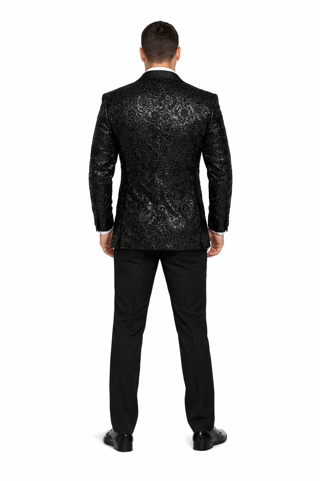 Men'S Sharkskin Flashy Stage Shiny Sequin Paisley Blazer Dinner Jacket 1 Button Black Sport Coat Jacket - Image 2