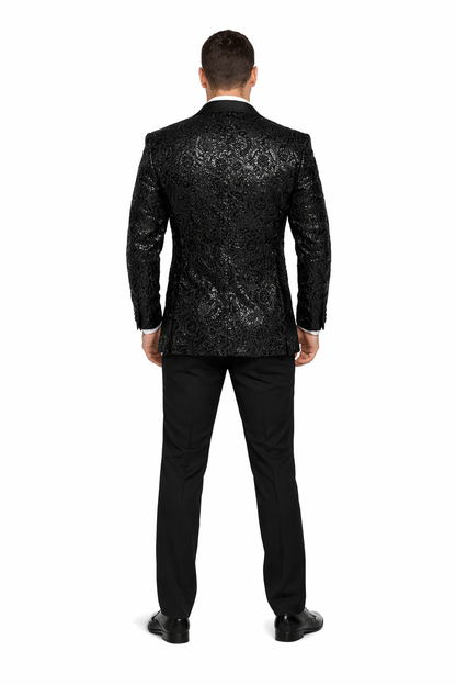 Men'S Sharkskin Flashy Stage Shiny Sequin Paisley Blazer Dinner Jacket 1 Button Black Sport Coat Jacket - Image 2