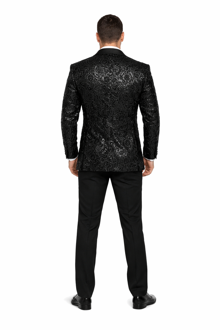 Men'S Sharkskin Flashy Stage Shiny Sequin Paisley Blazer Dinner Jacket 1 Button Black Sport Coat Jacket - Image 2