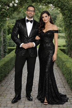 Men'S Sharkskin Flashy Stage Shiny Sequin Paisley Blazer Dinner Jacket 1 Button Black Sport Coat Jacket - Image 8