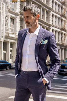 Mens Navy Blue Seersucker Suit – Cotton Fabric Shadow Pattern Ton on Tone Textured Two Button Notch Lapel Formal Summer Suit