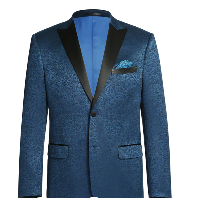 Slim Fitted Mens Teal Blue Jacquard Paisley Blazer – Black Peak Lapel Formal Dinner Jacket Slim Fit