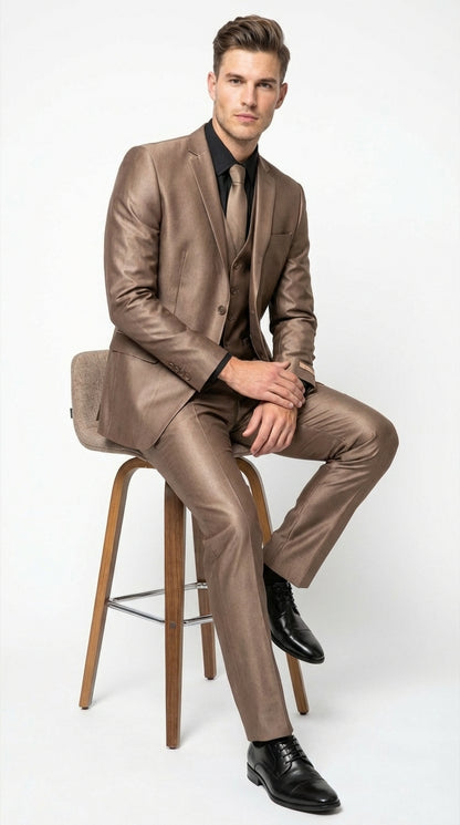 Men’s Bronze Brown Mocco 3 Piece Suit – Modern Formal Suit Set for Wedding, Prom and Business Events Light Brown Coffee Dark Tan Modern Fit