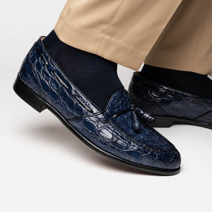 Zelli Franco Genuine Caiman Crocodile Tassel Loafers in Navy