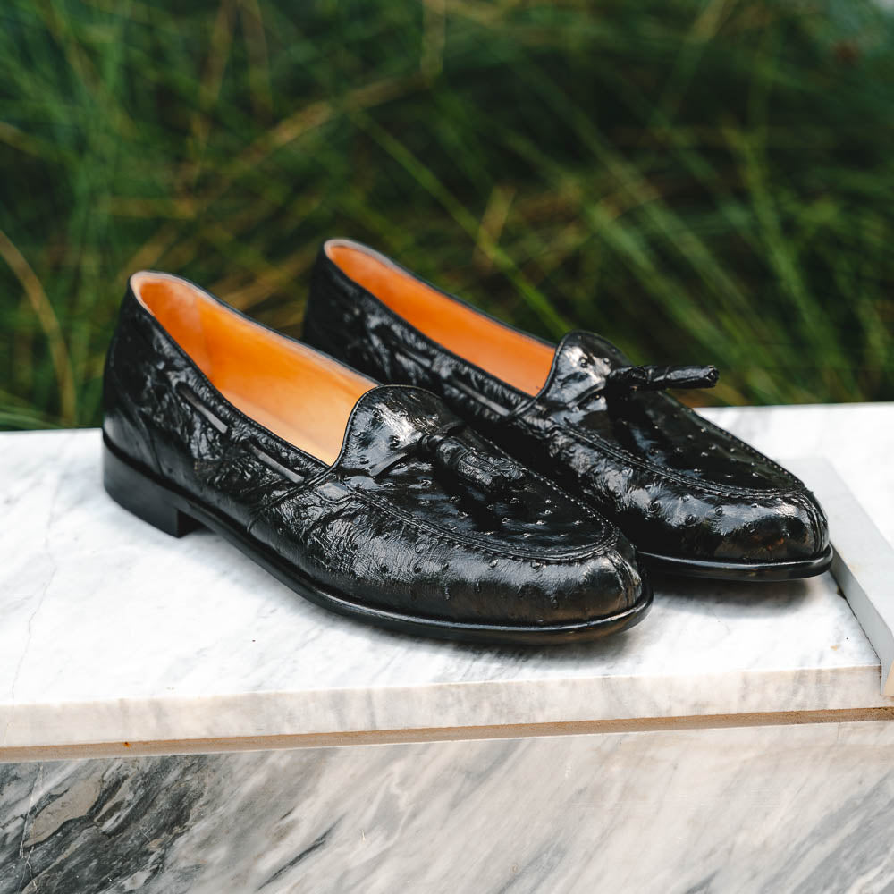 Zelli Franco Genuine Ostrich Quill Tassel Loafers in Black