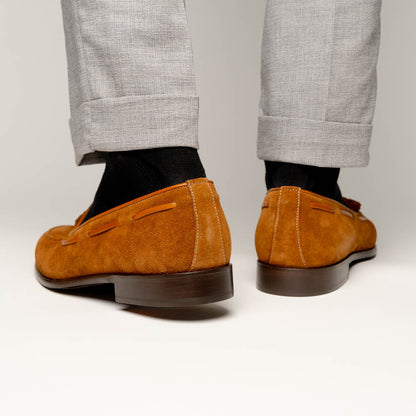 Zelli Franco Suede Tassel Loafers with Classic Apron Toe in Tobacco
