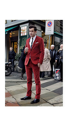 Men's Red Velvet Fabric Suit 2 Button Style + Jacket Sport Coat + Pants