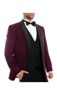 Black And Burgundy Slim Fit Wine ~ Maroon Suit For Men'S