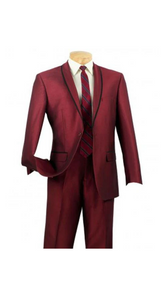 Men'S One Button Slim Fit Tuxedo Shawl Satin Trim Lapel Black And Burgundy Maroon Suit Burgundy Tuxedo