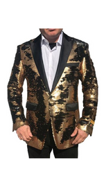 Gold Shiny Black Peak Lapel Paisley Look Fashion Tuxedo Sport Coat Jacket