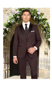 Men'S Black And Burgundy ~ Wine ~ Maroon Color Slim Fit 1 Button Satin Peak Lapel Mini Teakweave Vested Tuxedo Burgundy Tuxedo