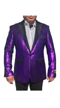 Purple Fashion Shiny Sequin Paisley Look Black Lapel Sport Coat Jacket