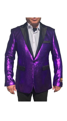 Purple Fashion Shiny Sequin Paisley Look Black Lapel Sport Coat Jacket