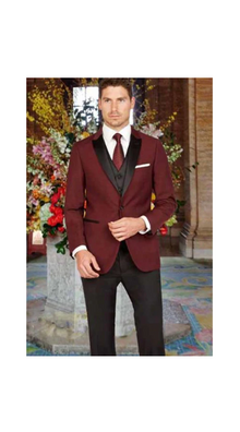 Men'S Peak Lapel Slim Fit Black And Burgundy ~ Wine ~ Maroon Color 1 Button Satin Vest Arlan Tuxedo With Black Pant Burgundy Tuxedo