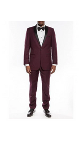 One Button Peak Framed Lapel Slim Fit Tuxedo For Men Black And Burgundy ~ Wine ~ Maroon Suit Burgundy Tuxedo