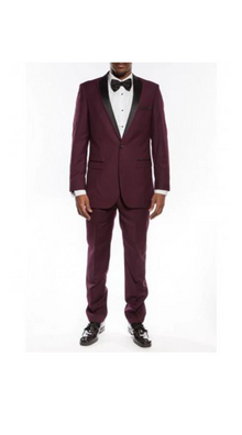 One Button Peak Framed Lapel Slim Fit Tuxedo For Men Black And Burgundy ~ Wine ~ Maroon Suit Burgundy Tuxedo
