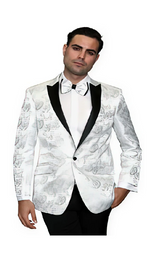 Men'S Flashy Fancy Satin Shiny Tuxedo Dinner Jacket Blazer Paisley Sport Coat Silky Satin Stage Fancy Stage Party Dance White/Black