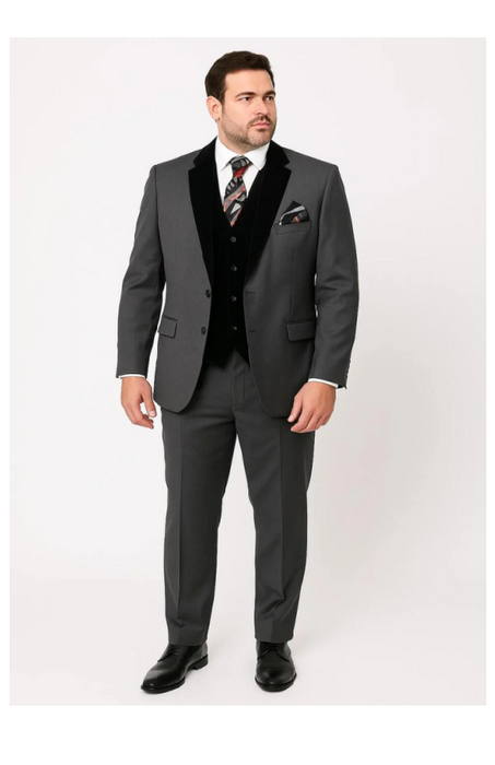 Men's Charcoal Gray 3-Piece Suit with Black Velvet Lapel – Formal Business and Wedding Attire - Gray Tuxedo