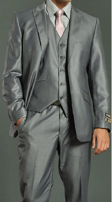 Men'S Two Button Vested Shiny Flashy Metallic Light Grey Slim Fit Suit