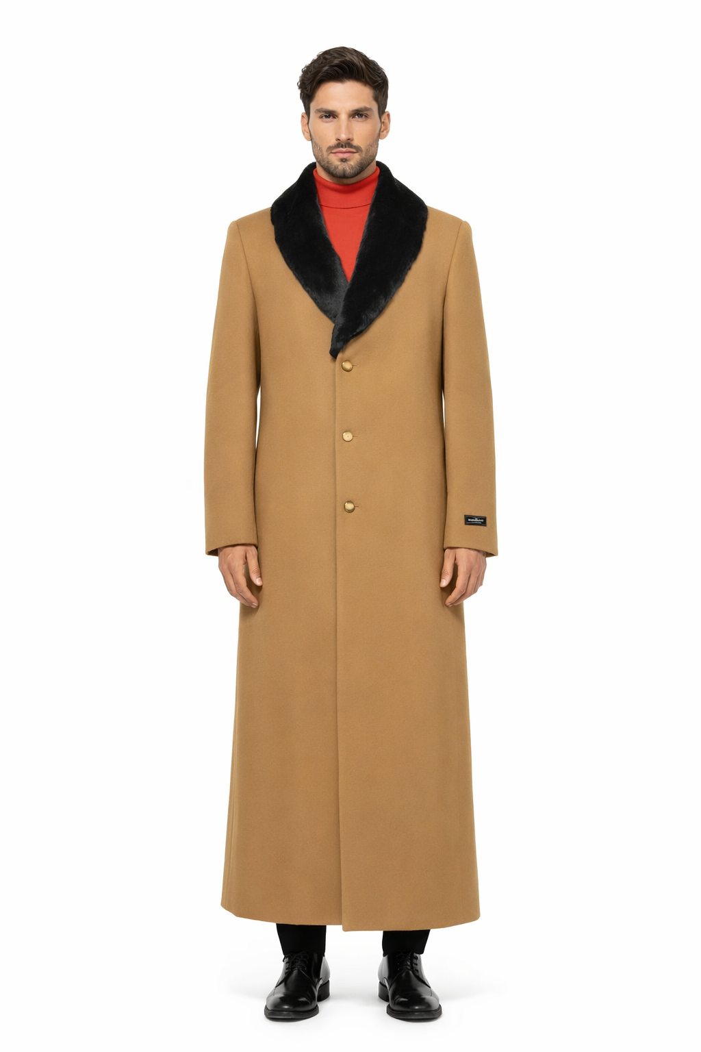 Fur Collar Camel 3 Button Wool Ankle length Overcoat ~ Long men's Dress Topcoat - Winter coat 95% Wool Fabric