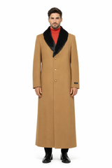 Fur Collar Camel 3 Button Wool Ankle length Overcoat ~ Long men's Dress Topcoat - Winter coat 95% Wool Fabric
