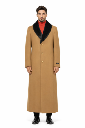 Fur Collar Camel 3 Button Wool Ankle length Overcoat ~ Long men's Dress Topcoat - Winter coat 95% Wool Fabric