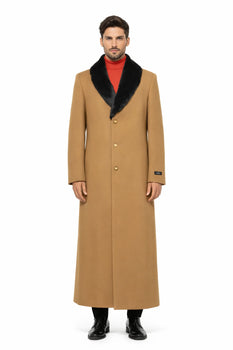 Fur Collar Camel 3 Button Wool Ankle length Overcoat ~ Long men's Dress Topcoat - Winter coat 95% Wool Fabric