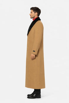 Fur Collar Camel 3 Button Wool Ankle length Overcoat ~ Long men's Dress Topcoat - Winter coat 95% Wool Fabric - Image 2
