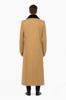 Fur Collar Camel 3 Button Wool Ankle length Overcoat ~ Long men's Dress Topcoat - Winter coat 95% Wool Fabric - Image 3