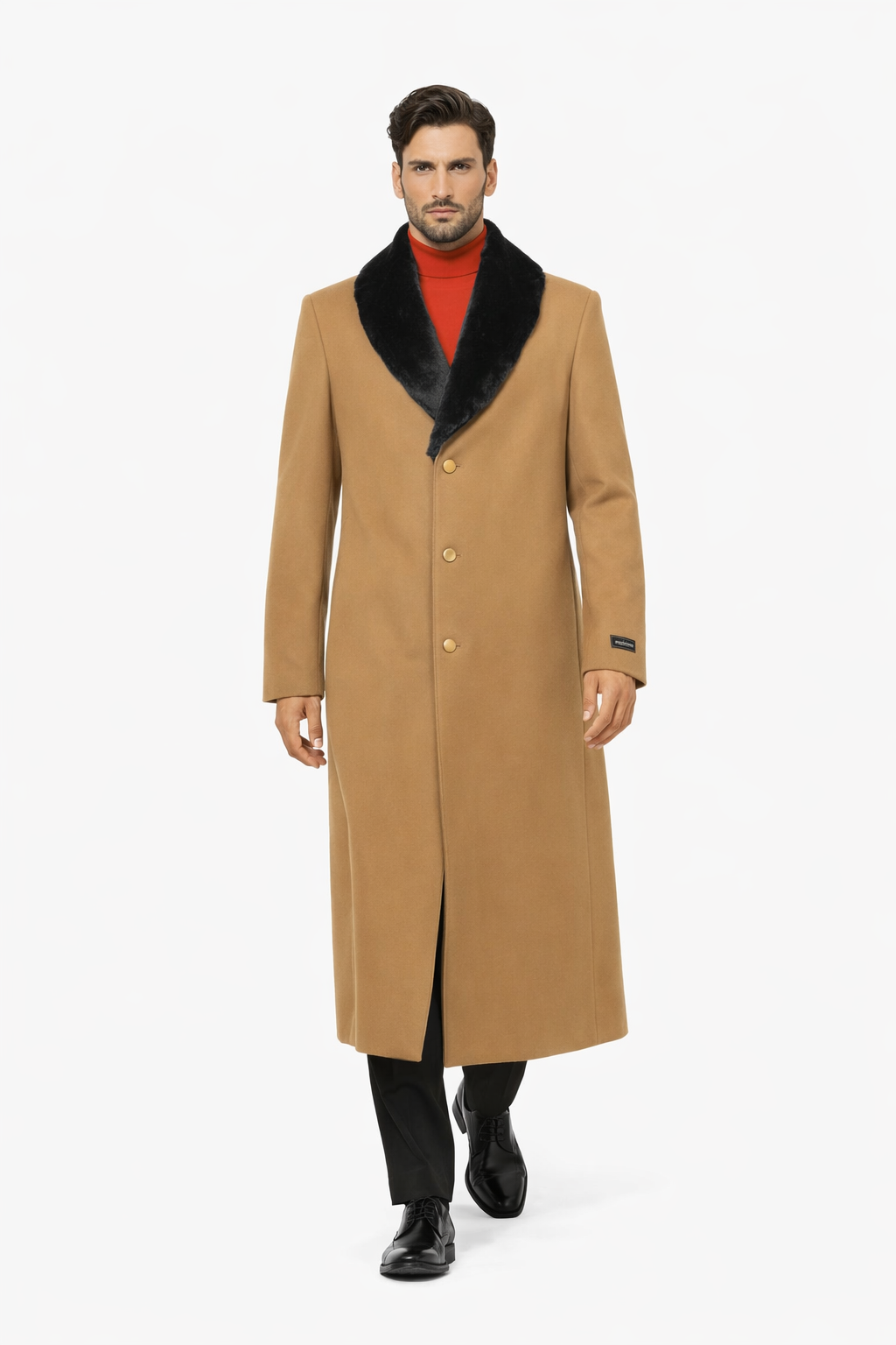 Fur Collar Camel 3 Button Wool Ankle length Overcoat ~ Long men's Dress Topcoat - Winter coat 95% Wool Fabric - Image 4