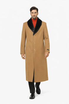 Fur Collar Camel 3 Button Wool Ankle length Overcoat ~ Long men's Dress Topcoat - Winter coat 95% Wool Fabric - Image 4