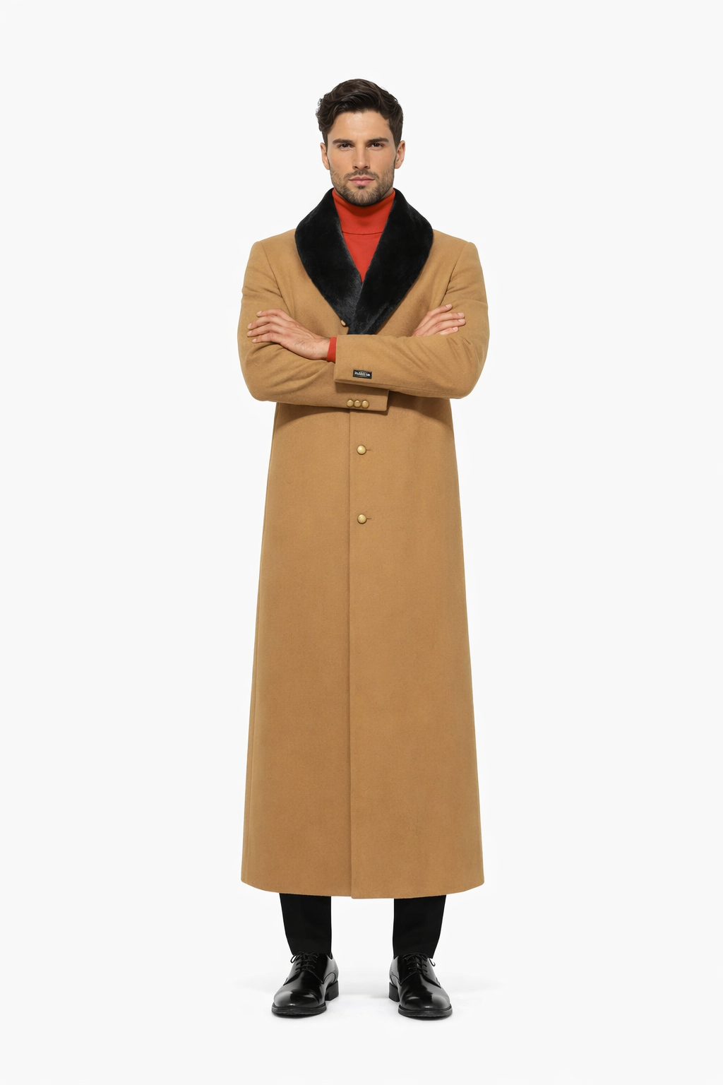 Fur Collar Camel 3 Button Wool Ankle length Overcoat ~ Long men's Dress Topcoat - Winter coat 95% Wool Fabric - Image 5
