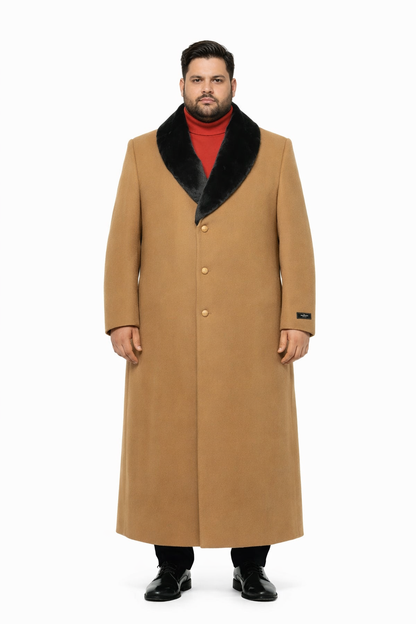 Fur Collar Camel 3 Button Wool Ankle length Overcoat ~ Long men's Dress Topcoat - Winter coat 95% Wool Fabric - Image 6