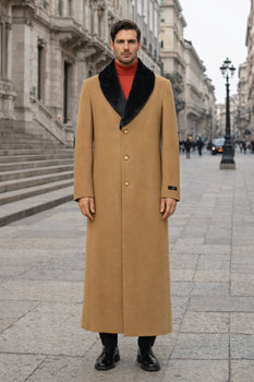 Fur Collar Camel 3 Button Wool Ankle length Overcoat ~ Long men's Dress Topcoat - Winter coat 95% Wool Fabric - Image 7