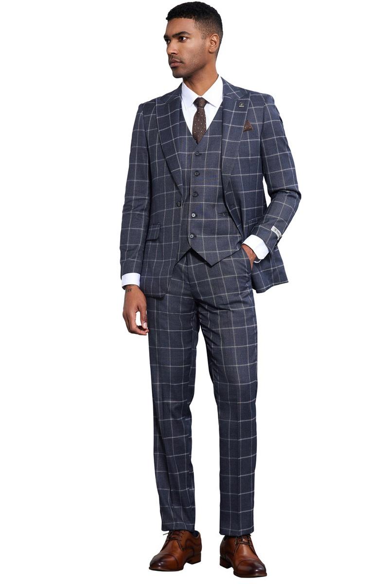 Men's Stacy Adams Classic One Button Vested Windowpane Suit in Charcoal Grey - Image 3