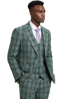 Men's Stacy Adams Two Button Vested Glen Plaid Check Suit in Light Olive Green - Image 4