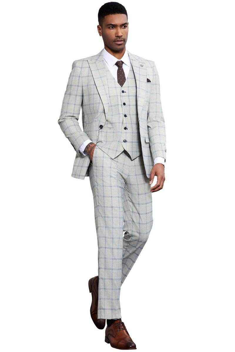Men's Stacy Adams One Button Peak Lapel Vested Windowpane Plaid Suit in Grey & Blue - Image 4