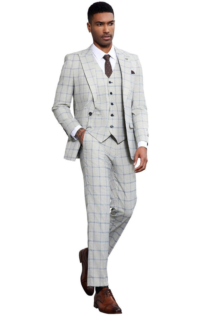 Men's Stacy Adams One Button Peak Lapel Vested Windowpane Plaid Suit in Grey & Blue - Image 4