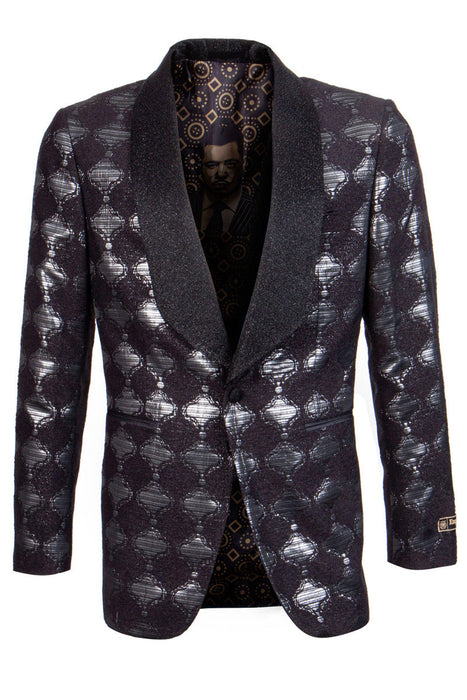 Mens Black Blazer - Men's Brocade Print Glitter Shawl Lapel Tuxedo Blazer in Black & Silver