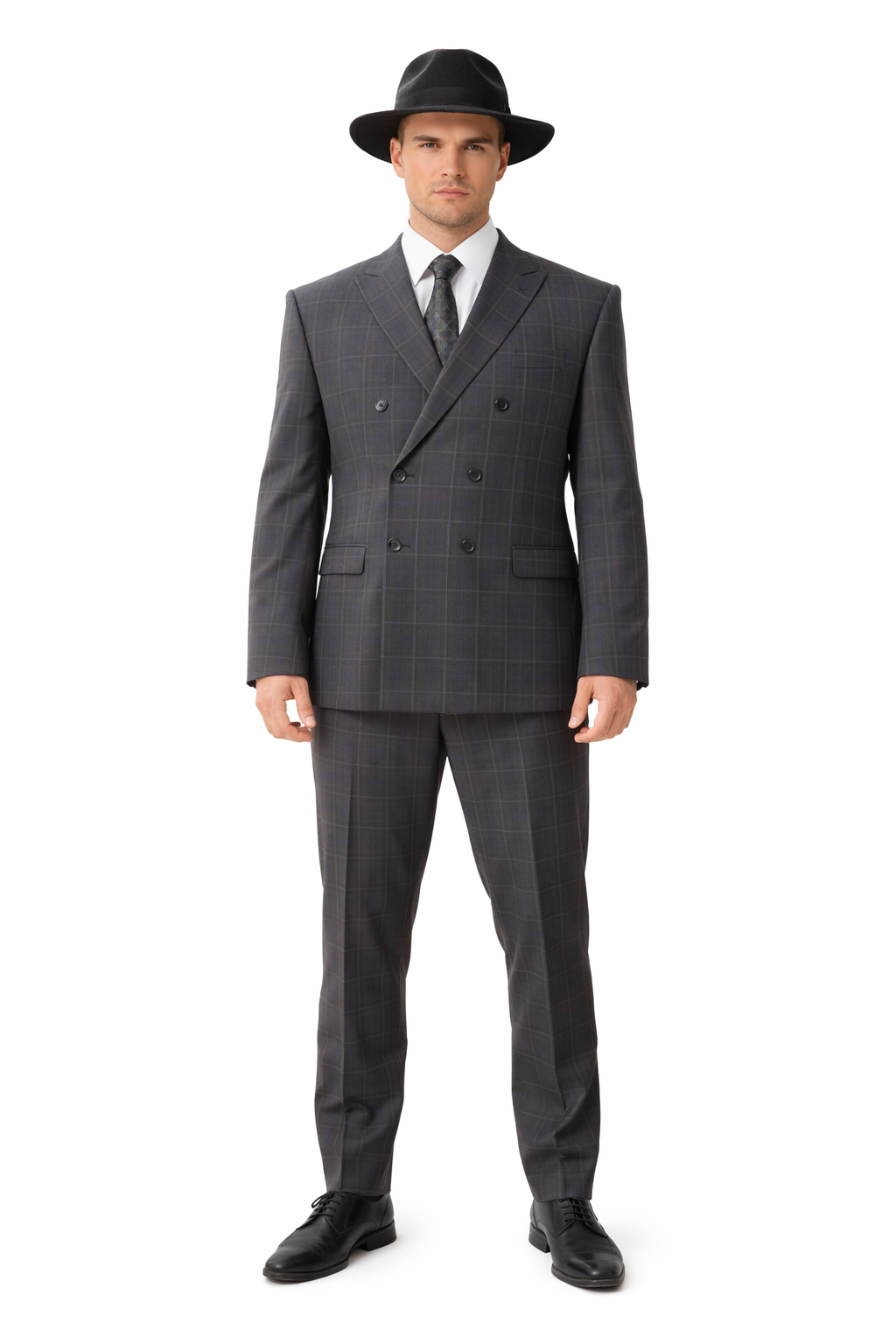 Gangster Suit - 1920 Mens Grey Patterns Suit With Grey Untochable Hat Shirt and Tie Combo