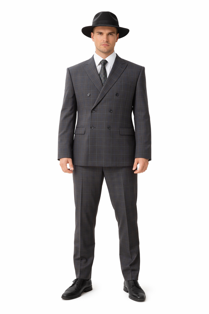 Gangster Suit - 1920 Mens Grey Patterns Suit With Grey Untochable Hat Shirt and Tie Combo