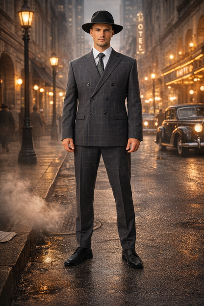 Gangster Suit - 1920 Mens Grey Patterns Suit With Grey Untochable Hat Shirt and Tie Combo - Image 7